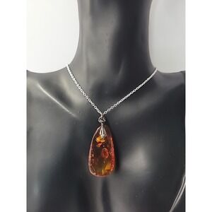 Vintage Brown Gold Tone Pendant Silver Tone Chain Necklace Free Form Teardrop